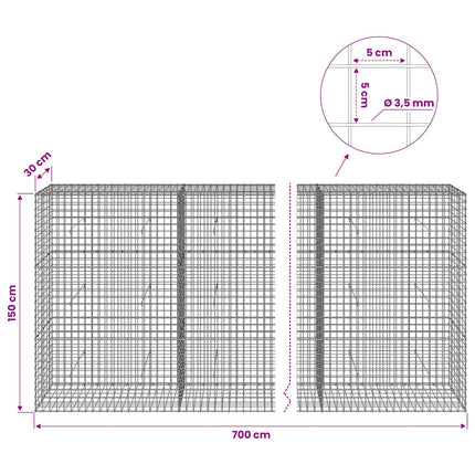 Gabion med 3,5 mm Tråd og 5x5 cm Maske 700x30x150 cm