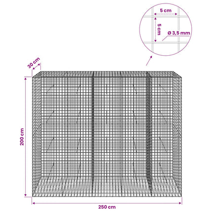 Gabion med 3,5 mm Tråd og 5x5 cm Maske 250x30x200 cm