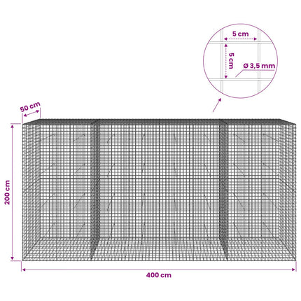 Gabion med 3,5 mm Tråd og 5x5 cm Maske 400x50x200 cm