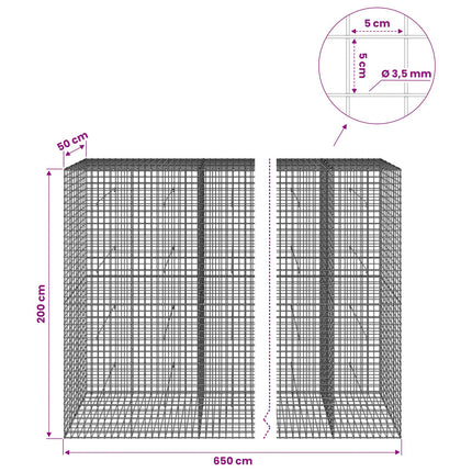 Gabion med 3,5 mm Tråd og 5x5 cm Maske 650x50x200 cm
