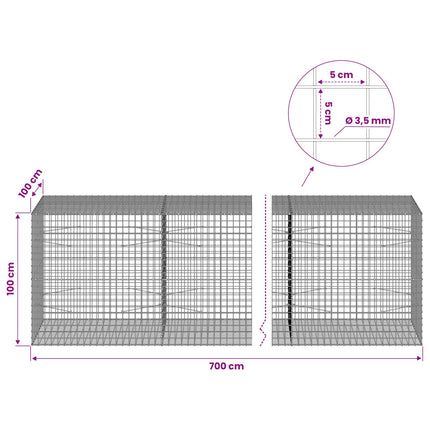 Gabion med 3,5 mm Tråd og 5x5 cm Maske 700x100x100 cm