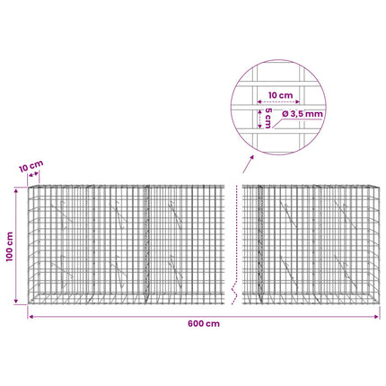 Gabion med 3,5 mm tråd og 5x10 cm mesh 600x10x100 cm