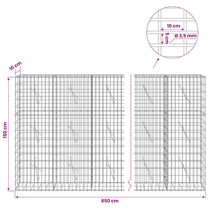Gabion med 3,5 mm tråd og 5x10 cm mesh 650x10x150 cm