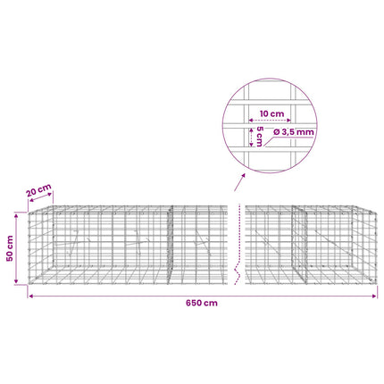 Gabion med 3,5 mm tråd og 5x10 cm mesh 650x20x50 cm