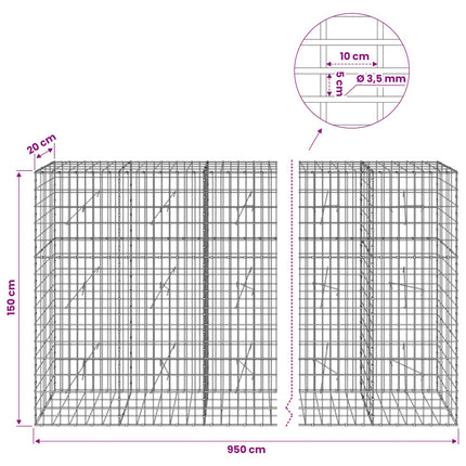 Gabion med 3,5 mm tråd og 5x10 cm mesh 950x20x150 cm