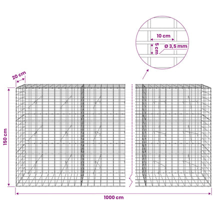 Gabion med 3,5 mm tråd og 5x10 cm mesh 1000x20x150 cm