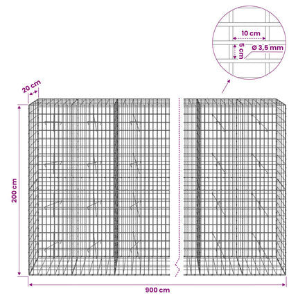 Gabion med 3,5 mm tråd og 5x10 cm mesh 900x20x200 cm