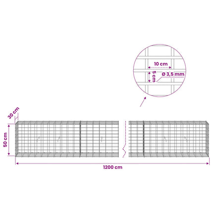 Gabion med 3,5 mm tråd og 5x10 cm mesh 1200x30x50 cm