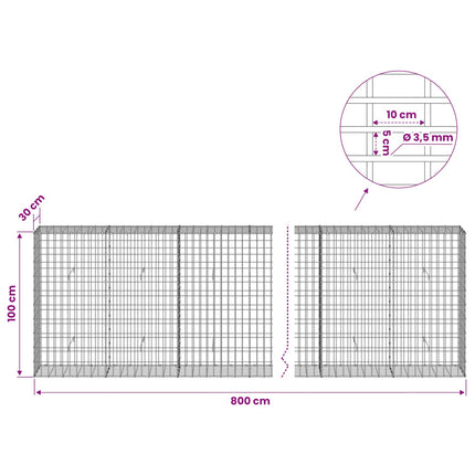 Gabion med 3,5 mm tråd og 5x10 cm mesh 800x30x100 cm