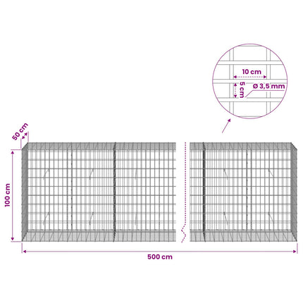 Gabion med 3,5 mm tråd og 5x10 cm mesh 500x50x100 cm