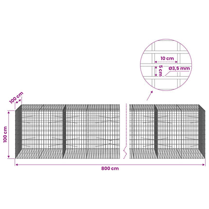 Gabion med 3,5 mm tråd og 5x10 cm mesh 800x100x100 cm