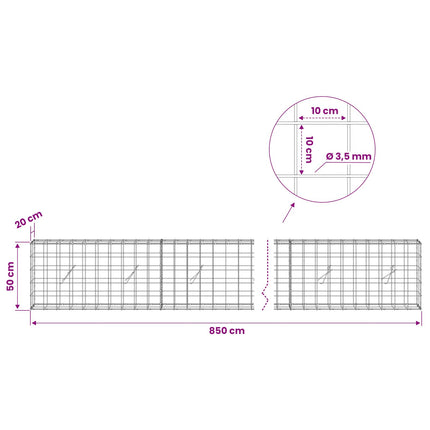 Gabion med 3,5 mm tråd og 10x10 cm net 850x20x50 cm