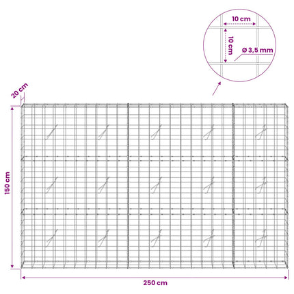 Gabion med 3,5 mm tråd og 10x10 cm net 250x20x150 cm