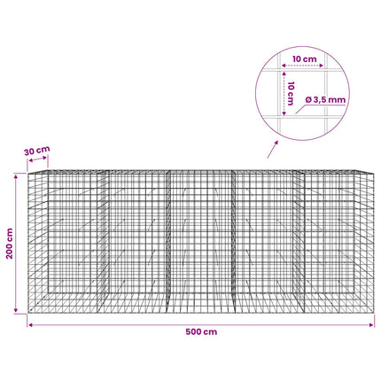 Gabion med 3,5 mm tråd og 10x10 cm net 500x30x200 cm