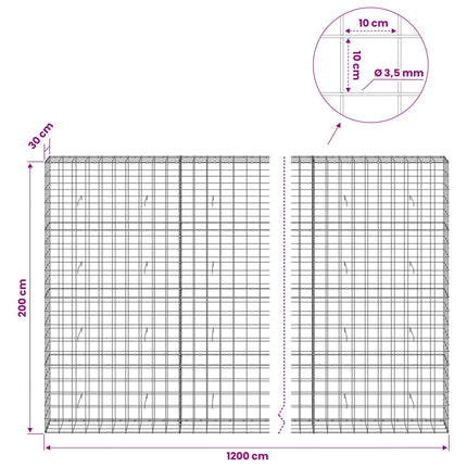 Gabion med 3,5 mm tråd og 10x10 cm net 1200x30x200 cm