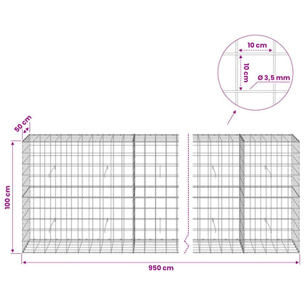 Gabion med 3,5 mm tråd og 10x10 cm net 950x50x100 cm