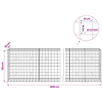 Gabion med 3,5 mm tråd og 10x10 cm net 1200x50x100 cm