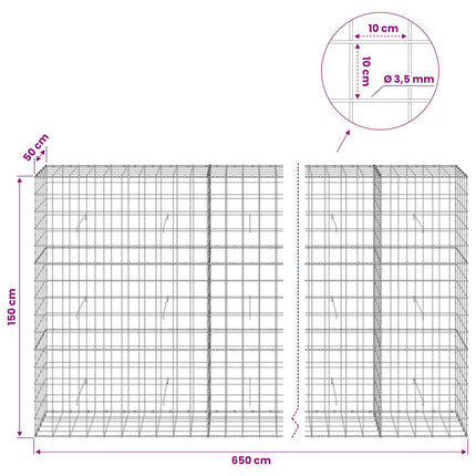 Gabion med 3,5 mm tråd og 10x10 cm net 650x50x150 cm
