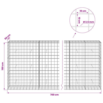 Gabion med 3,5 mm tråd og 10x10 cm net 700x50x150 cm