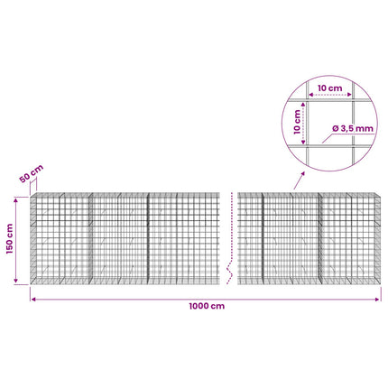 Gabion med 3,5 mm tråd og 10x10 cm net 1000x50x150 cm