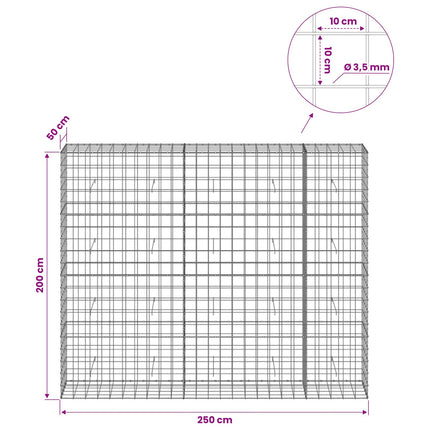 Gabion med 3,5 mm tråd og 10x10 cm net 250x50x200 cm