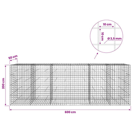 Gabion med 3,5 mm tråd og 10x10 cm net 600x50x200 cm