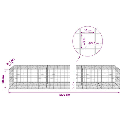 Gabion med 3,5 mm tråd og 10x10 cm net 1200x100x50 cm