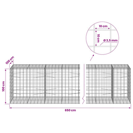 Gabion med 3,5 mm tråd og 10x10 cm net 650x100x100 cm