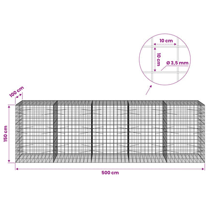 Gabion med 3,5 mm tråd og 10x10 cm net 500x100x150 cm
