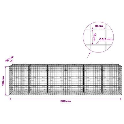 Gabion med 3,5 mm tråd og 10x10 cm net 600x100x150 cm