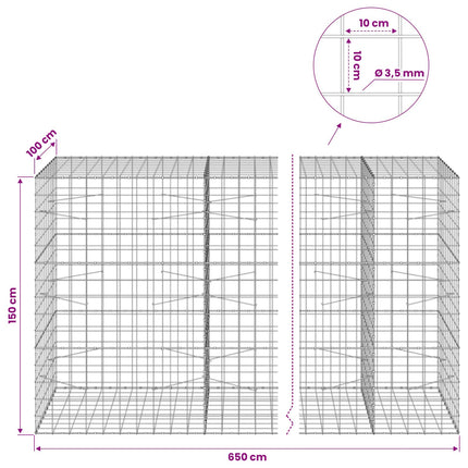 Gabion med 3,5 mm tråd og 10x10 cm net 650x100x150 cm