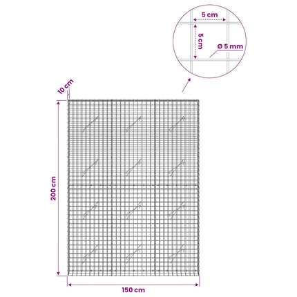 Gabion med 5 mm Tråd og 5x5 cm Maske 150x10x200 cm