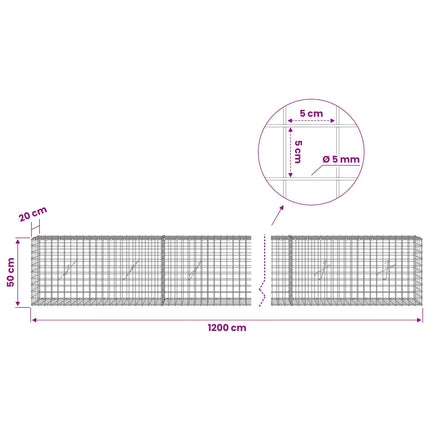 Gabion med 5 mm Tråd og 5x5 cm Maske 1200x20x50 cm