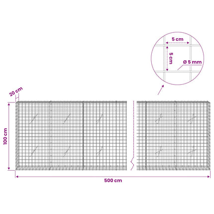 Gabion med 5 mm Tråd og 5x5 cm Maske 500x20x100 cm