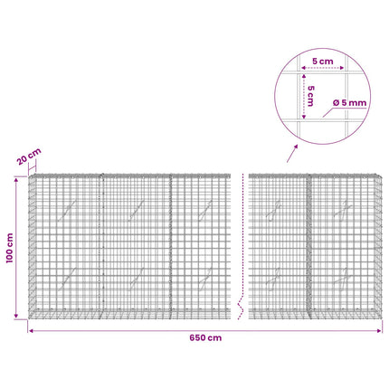 Gabion med 5 mm Tråd og 5x5 cm Maske 650x20x100 cm