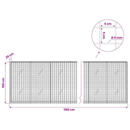 Gabion med 5 mm Tråd og 5x5 cm Maske 1100x20x100 cm