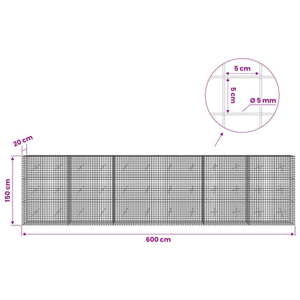 Gabion med 5 mm Tråd og 5x5 cm Maske 600x20x150 cm