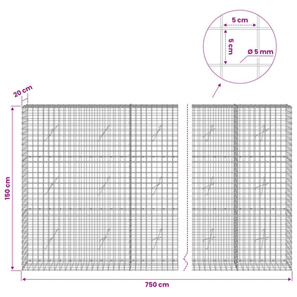 Gabion med 5 mm Tråd og 5x5 cm Maske 750x20x150 cm