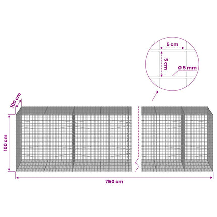 Gabion med 5 mm Tråd og 5x5 cm Maske 750x100x100 cm