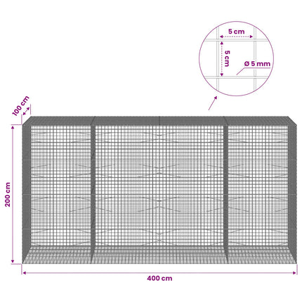 Gabion med 5 mm Tråd og 5x5 cm Maske 400x100x200 cm