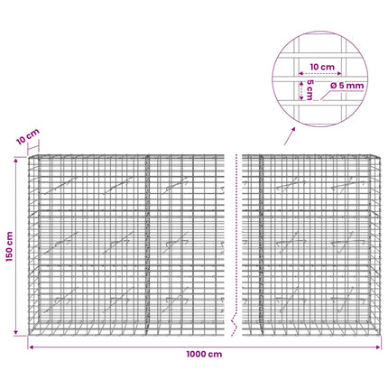 Gabion med 5 mm Tråd og 5x10 cm Maske 1000x10x150 cm