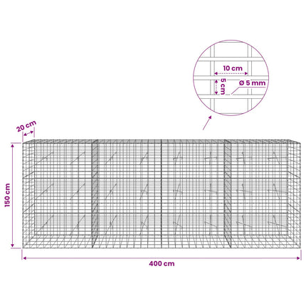 Gabion med 5 mm Tråd og 5x10 cm Maske 400x20x150 cm