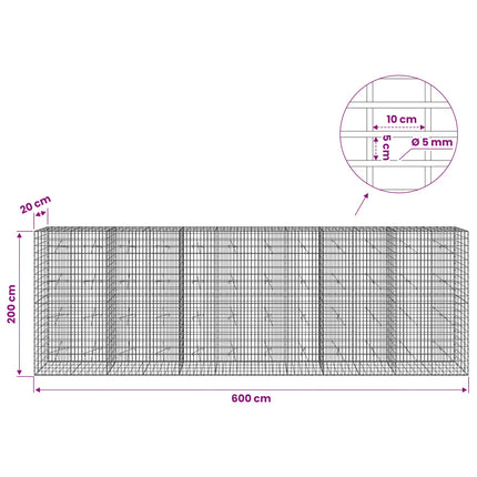 Gabion med 5 mm Tråd og 5x10 cm Maske 600x20x200 cm