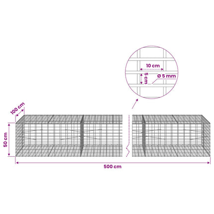 Gabion med 5 mm tråd og 5x10 cm net 500x100x50 cm