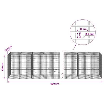 Gabion med 5 mm Tråd og 5x10 cm Maske 500x100x100 cm