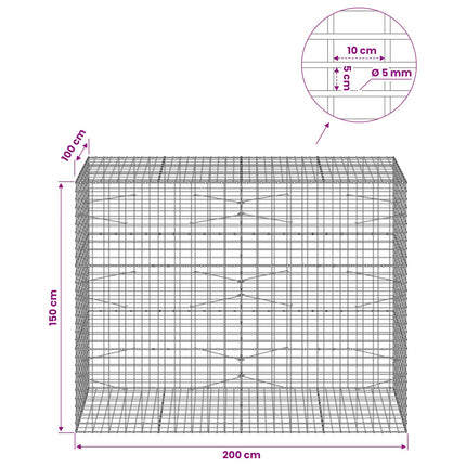 Gabion med 5 mm tråd og 5x10 cm net 200x100x150 cm