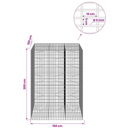 Gabion med 5 mm tråd og 5x10 cm net 150x100x200 cm