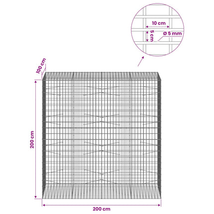 Gabion med 5 mm tråd og 5x10 cm net 200x100x200 cm