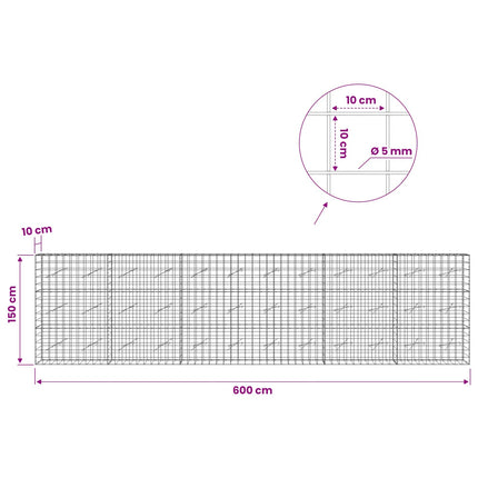 Gabion med 5 mm Tråd og 10x10 cm Net 600x10x150 cm