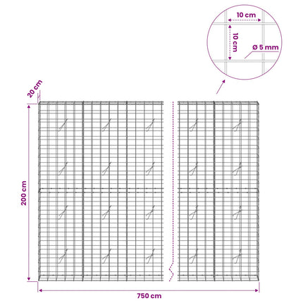 Gabion med 5 mm Tråd og 10x10 cm Net 750x20x200 cm